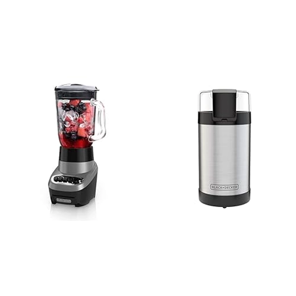 Black+Decker Multi Function Blender with QuadPro Blades in Silver/Black, BL1220SGC & CBG110SC Easy Touch Electric Smartgrind Coffee & Spice Grinder, Black