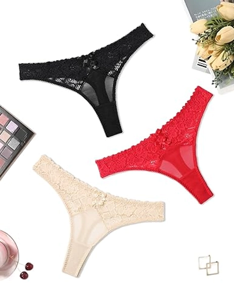 Lace Thongs Low Waist Panties -black/Red/Champagne - X-Small
