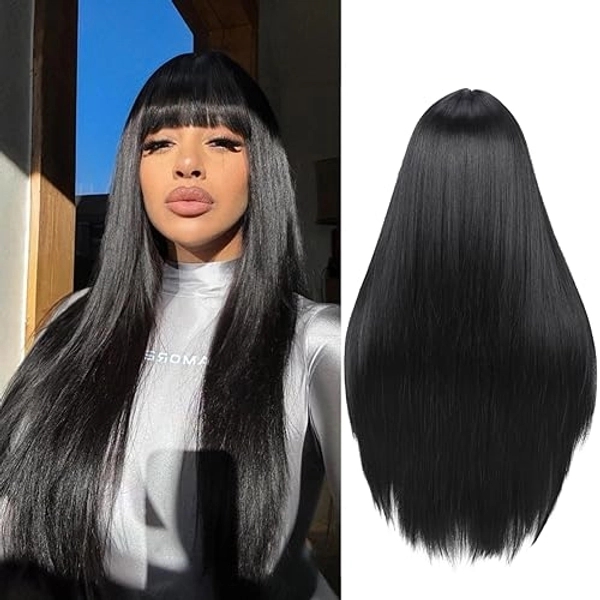 Luxclipse Long Straight Black Real Hair Wig with Bangs, Heat Resistant, Breathable, Capless, Glueless Human Hair Wigs for Daily Party and Costume Use (Black with Bangs)