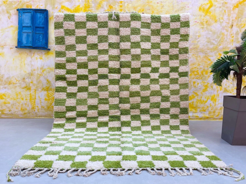 Green checkered rug handmade Moroccan shag rug