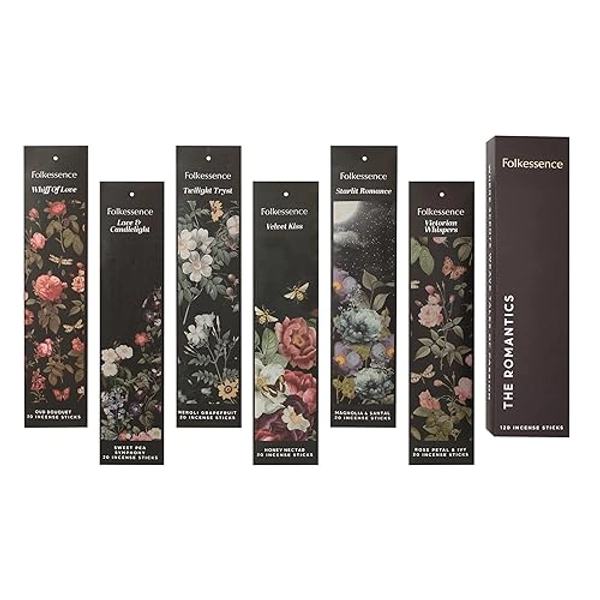 Folkulture Incense Sticks - Set of 6 Insenses (120 Sticks) for Meditation - Honey Nectar, Sweet Pea, Mangolia & Santal, Grapefruit, Rose Petal and Oud Inscents, Slow Burning Incents (The Romantics)