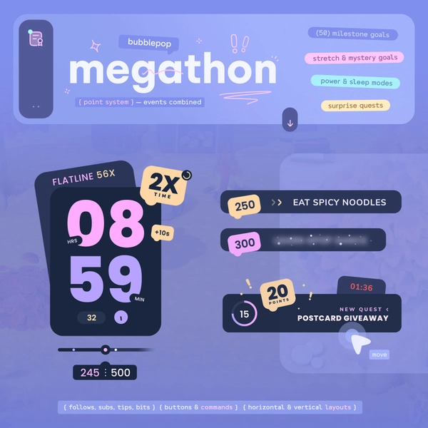 Megathon Widget Bundle — Timer, Milestone Goals & Surprise Quests • Combined Events, Commands, Streamdeck  // Twitch StreamElements OBS