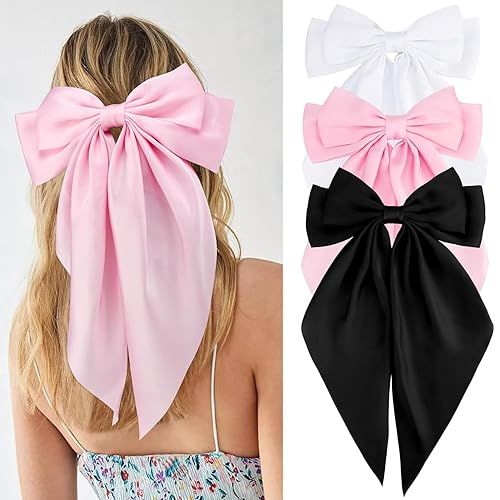 Hiagkmet 3Pcs Hair Bows for Women White Hair Bow Black Hair Bow Big Hair Bows Clips for Girls Silky Satin Large Hair Ribbons Oversized Long Tail Hair Bows Hair Barrettes Hair Accessories Gifts - 3pcs-white,black,pink