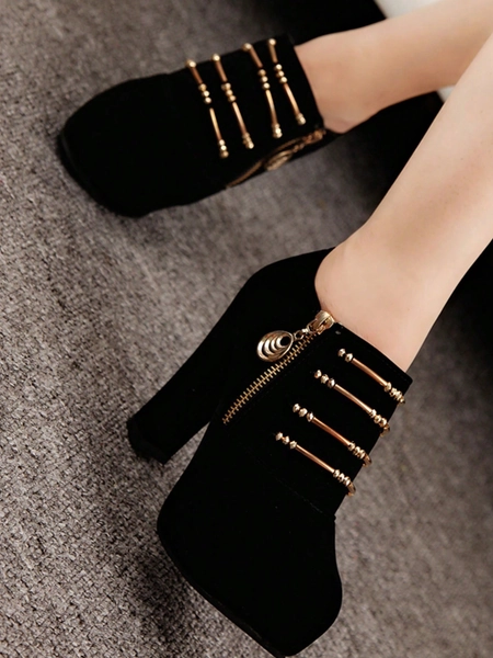 Scarpe con tacco alto spesse nere nuove per la primavera e l'autunno, tacchi comodi per l'ufficio in tessuto scamosciato con cerniera laterale e decorazione con perline