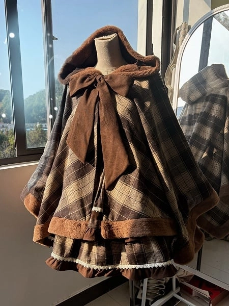 [$25.00]Brown Plaid Pattern Self-tie Big Bow Neckline Christmas Reindeer Hooded Cape Coat