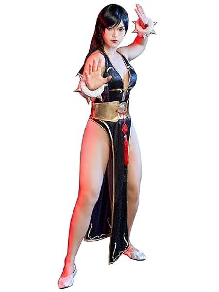 Micotaku Street Fighter Officially Licensed Classic Chun-Li Black Side-slit Long Qipao Cosplay Costume Halloween Costume