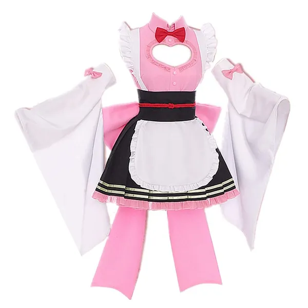 Demon Slayer Kimetsu no Yaiba Cosplay Kanroji Mitsuri Cosplay Costume Kimono Maid Dress Halloween Costume Full Set - Female XL Costume