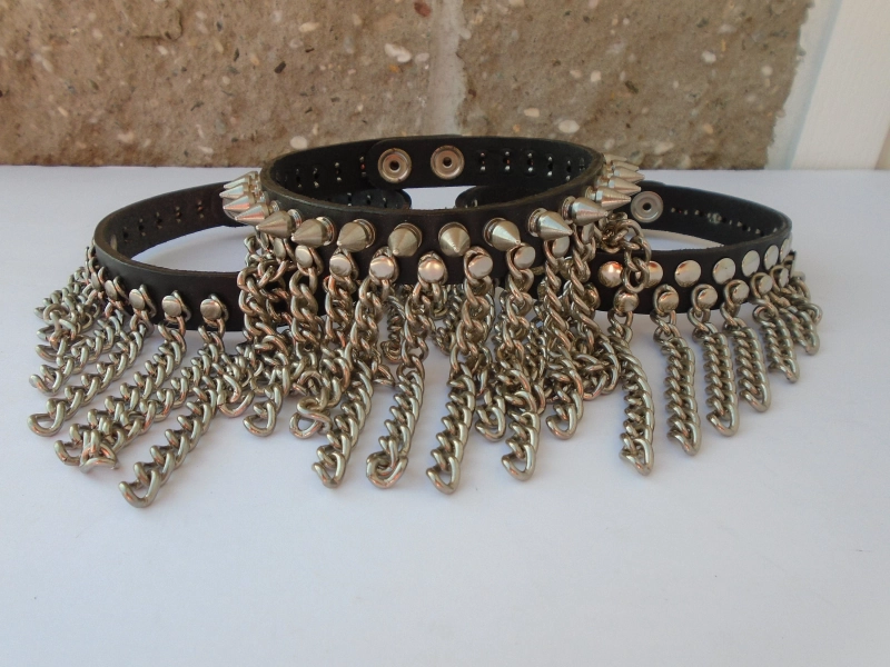 Premium Leather Chain Choker Necklace Collar Spike Gothic Punk Biker snaps Silver Chrome Hardware Handmade in USA Free Shipping Domestic