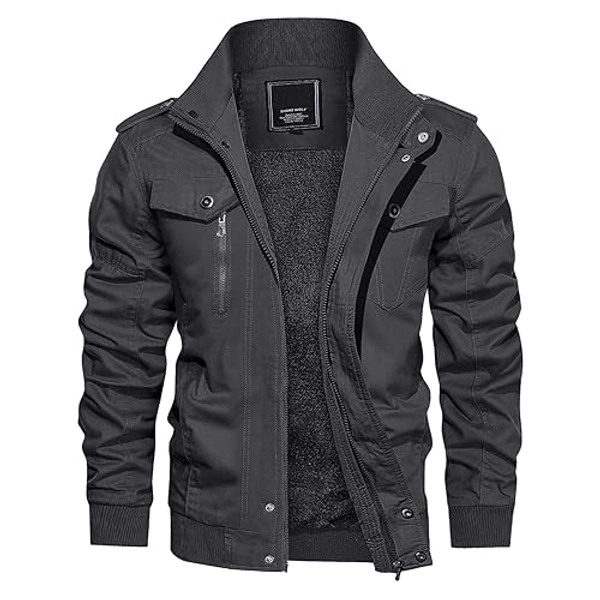 CRYSULLY Men's Winter Casual Thicken Multi Pocket Field Jacket Outwear Fleece Cargo Jackets Coat