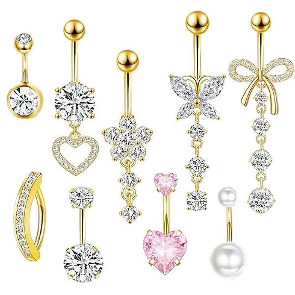 14G Belly Button ring Dangle Belly Rings Surgical Stainless Steel Cute Bow Butterfly Heart Flower Dangling Belly Button Piercing Jewelry For Women Silver Dainty Dangly Navel Ring