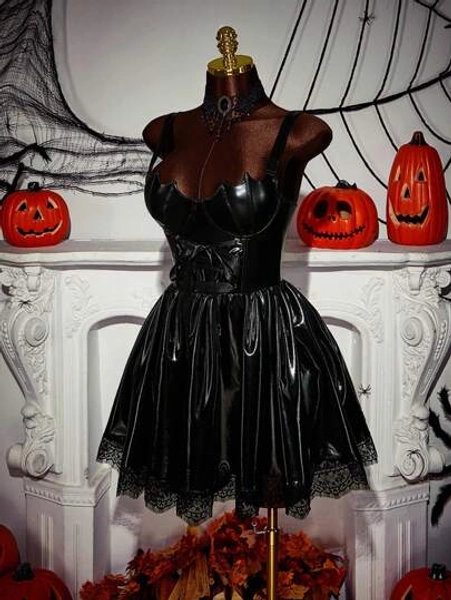 Amplova Women's Y2K Solid Color PU Leather Eyelet Tie Waist Sexy Goth Cami Mini Dress, Witchy Vampire Dress, For Halloween Party, Halloween Black Corset Dress,Party Dress