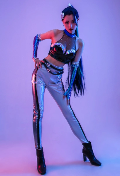 LOL LOL Girls New Skin Kai&#039;Sa K/DA ALL OUT Gradient Mixed Dark Blue Color Shiny Symphony Laser Reflective Leather Cosplay Costume Full Set with Arm Protector and Long Glove