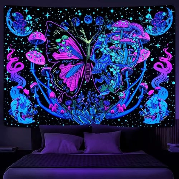 Lyacmy Blacklight Skull Tapestry UV Reactive Mushroom Butterfly Tapestries Aesthetic Moth Tapestry Moon Flowers Tapestry Hippie Snake Tapestry Wall Hanging for Bedroom(70.9 x 92.5 inches)