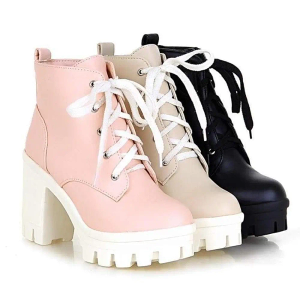 Chunky Square Heel Ankle Boots with Beautiful White Laces in Vegan Leather