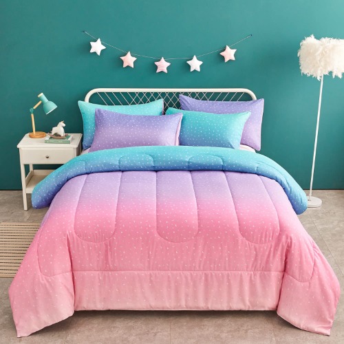 Yogeneg Rainbow Comforter Set Full/Queen Size for Teen Girl Women,Metallic Star Moon Printed Mermaid Comforter with 2 Pillowcase,Ultra Soft Microfiber 3 Piece Bedding Set,All Season (Rainbow B, Queen) - Rainbow B Queen