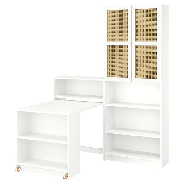 BILLY / HÖGADAL Bookcase comb w foldable table - white/woven bamboo 160x202 cm (63x79 1/2 ")