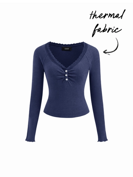 Thermal Cotton-blend V-neck Long Sleeve Lace Trim Ruched Tee