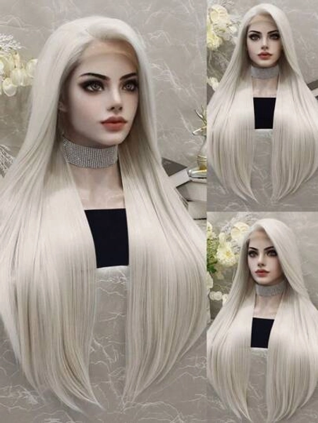 13*3 Extra Long Platinum Blonde Lace Frontal Wig, 30 Inch Super Long Silky Straight  Champagne Gold Synthetic Lace Front Wig Natural Pre-Plucked Hairline HD Lace Wig, Freedom Part Style, Premium Synthetic Heat Resistant High Temperature Fiber Hair 150% High Density  Stylish And Versatile Fake Hair Daily Cosplay Wig, Perfect For Women & 1pc Wig Cap