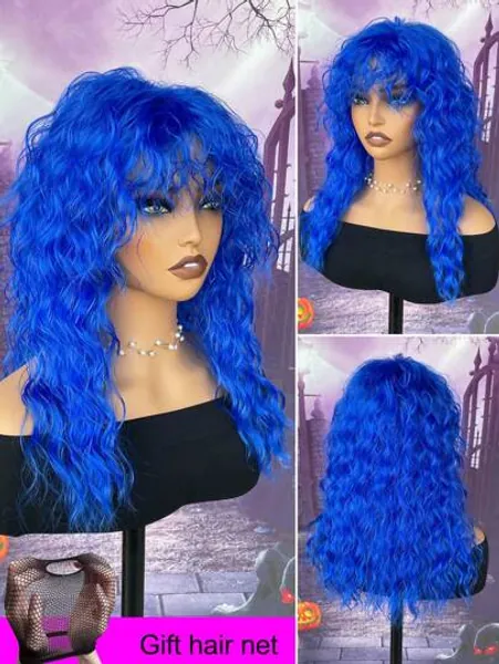 Blue banged wig with Natural Messy Medium Length Curls, Synthetic Wig, Suitable For Daily Gatherings And Halloween Wigs