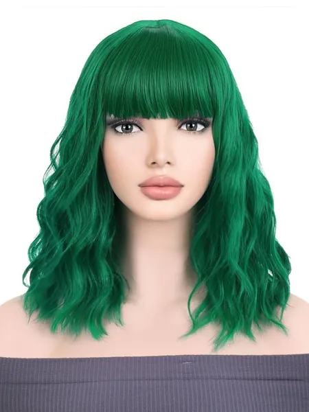 Short Bob Wig Curly Wavy Green Synthetic Wig With Bangs For Women 14 Inch Heat Resistant Synthetic Hair Wigs For Daily Use Cosplay Wig