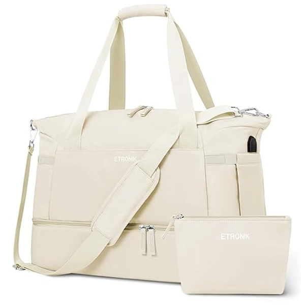 ETRONIK Gym Bag Womens, 55L Sports Travel Duffel Bag with USB Charging Port, Weekender Overnight Bag for Women with Wet Pocket and Shoes Compartment, Large Sports Bag, Beige