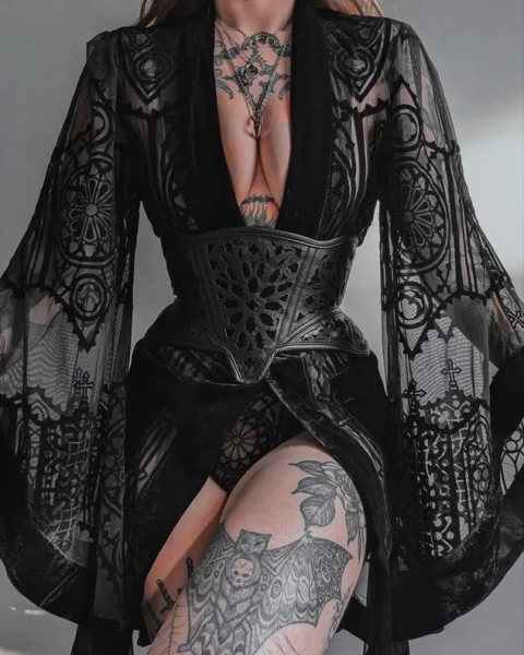 Cathedral Gothic Sheer Robe | Black Mesh Kimono with Velvet Trim | Cathedral-Core Bathrobe | Romantic Goth Lingerie Robe