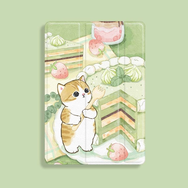 Cute iPad Case Pastel Cat iPad Pro Case Cover Kawaii iPad Mini 6 Folio Cases - Matcha