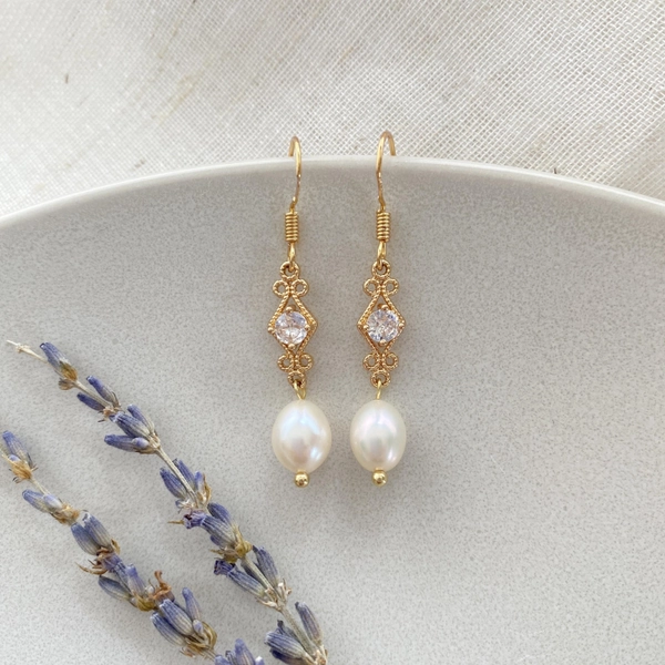 Natural Pearl Diamond Earrings,Freshwater Pearl Drop Earrings,Crystal Bridal Earrings,Real Pearl Earrings,Wedding Earrings,Gift for Mom