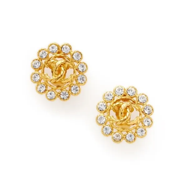 Chanel Gold Metal and Clear Strass CC Disc Earrings, 1993