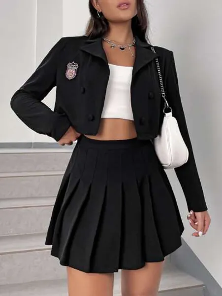 SHEIN Patch Detail Double Breasted Blazer & Pleated Skirt
