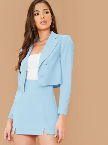 SHEIN Peak Collar Double Breasted Blazer & Slit Hem Skirt Set