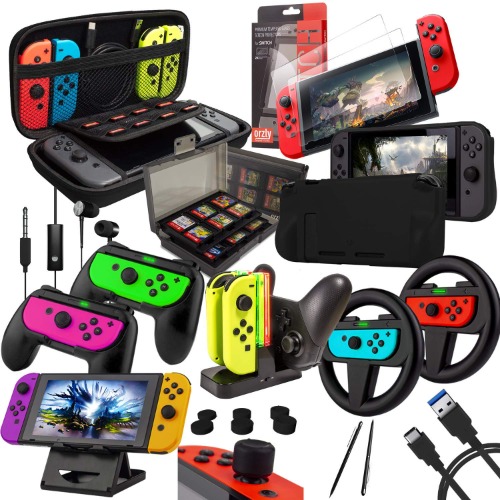Orzly Accessory Bundle Kit Designed for Nintendo Switch Accessories Geeks and OLED Console Users Case and Screen Protector, Joycon Grips and Wheels for Enhanced Games Play and More - Jet Black - Black/Switch (2017) 6.2 inch