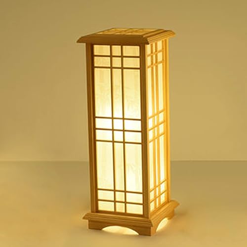 OUKANING Stehlampe Japanischen Stil - LED Stehleuchte mit Lampenschirm Holz Stehlampe Wohnzimmer Arbeitszimmer Schreibtisch lampe Tatami Tischlampe(Warmweiss,24x24X60 cm)
