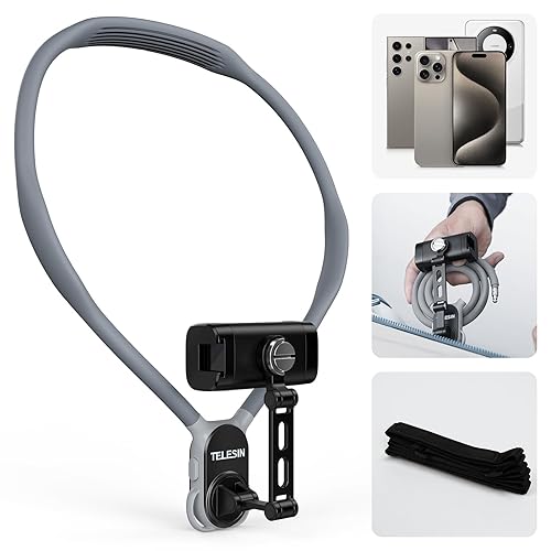 TELESIN° POV/Vlog Nackenhalterung für Telefone mit Telefonclip, Freihändiges Telefon Halshalter mit Brustgurt Selfie-Halterung am Hals Video-Aufnahme für iPhone Samsung Pixel und alle Telefone (Gray) - Gray