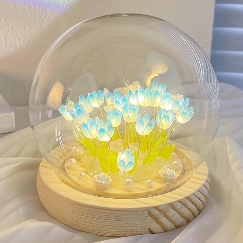 jackfru DIY Tulpe Nachtlicht, DIY Tulpe Nachtlicht, Tulip Lamp mit Glasabdeckung, Atmosphäre Licht Schlafzimmer Schlafen Tischlampe, Tulpe Blume Lampe für Kinder Mädchen Paar (Blau-20pcs) - Blau-20pcs