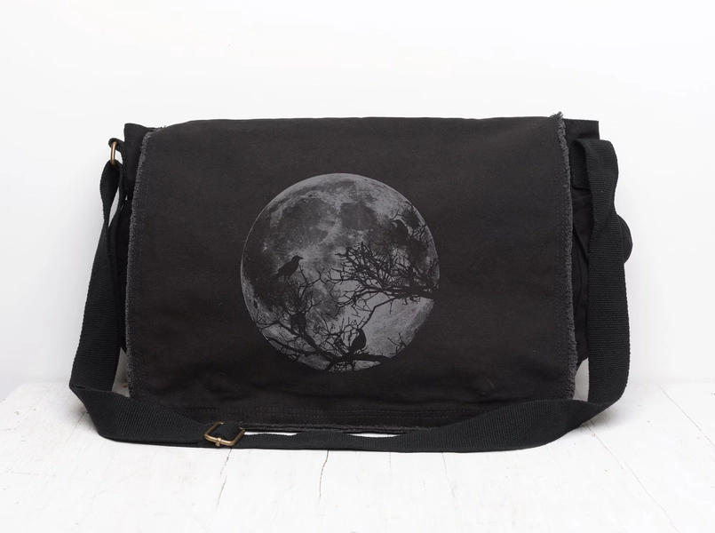 Canvas Messenger Bag - Moon and Ravens - Canvas Shoulder Bag - Moon Tote Bag Work - Gift for Her - Womens Laptop Bag