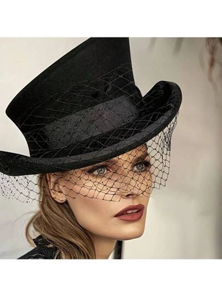 An Elegant Mesh High-Low Women's Hat, Felt High Top Hat, Men's And Women's Church Hat, Felt Hat With Mesh Elegant Retro Unisex Event Party High Top Felt Hat Adjustable Size - All Season Universal - Suitable For All Formal Occasions - The Best Birthday And Holiday Gift For Mothers, Daughters, Friends