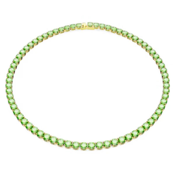 Matrix Tennis necklace, Round cut, Medium, Green, Gold-tone plated