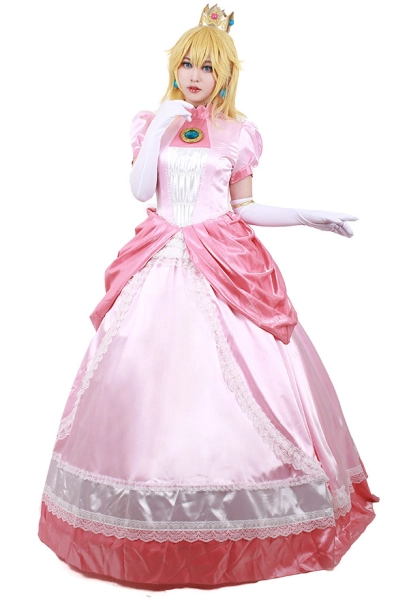 Girl Peach Cosplay Costume Pink Dress with Crown