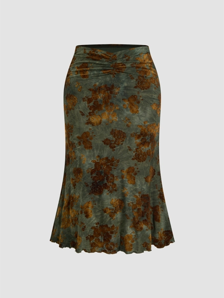 Knit Fabric Mid Rise Floral Ruched Maxi Skirt Curve & Plus For Vacation