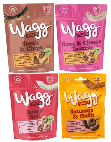 Wagg Dog Treats Bundle Sausage & Mash, Steak & Chips, Bacon Roll, Ham & Cheese Toastie Training Treats for Puppy
