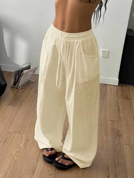 Coolane Women's Summer Minimalist Boho Vacation Casual Basic Daily Wear Linen Comfortable Low Rise Baggy Pants