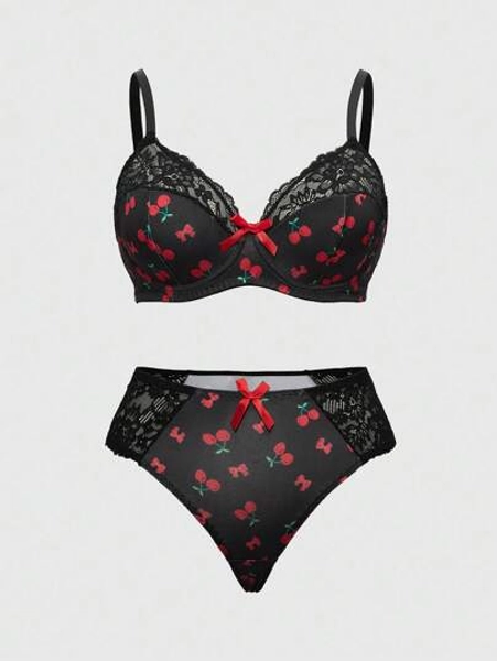 ROMWE Goth Plus Size Cherry Bow Underwire Lace Sexy Bra And Panty Lingerie Set