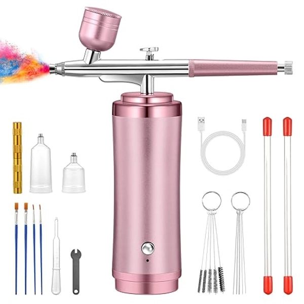 Gocheer Airbrush Kit with Compressor - 48PSI Rechargeable Cordless Non-Clogging Air Brush Set with 0.2/0.3/0.5mm Nozzles for Nail Art,Makeup,Cake Decoration,Model Painting,Barber etc.