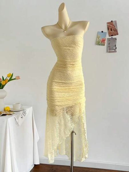 Soleia Vacation Pale Yellow Ruched Cropped Waist Asymmetric Hem Dress,Vacation Outfits Women,Pastel Dresses For Women,Summer Dresses For Women