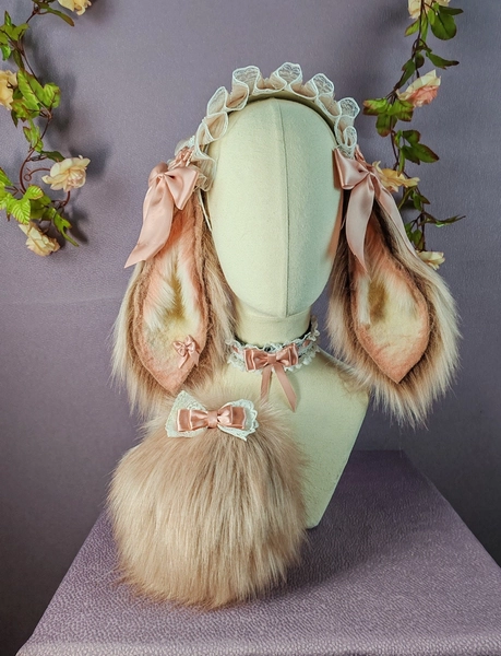 Pink Maid Bunny Ears, tail and collar set faux fur ears cosplay kemonomimi faux fur ears headband bunny tail