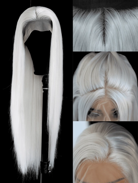 SALLYWELL Lace Front Wigs Glueless Synthetic Long Silk Straight Natural Heat Resistant Fiber Hair Grey Wig With Baby Hair For Women 24 Inches