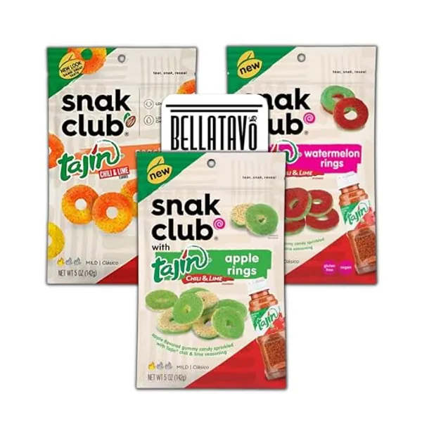 Fruit Rings Candy Bundle. Includes Three-5 Oz Bags of Snak Club Tajin Gummy Rings. 1 of Each Flavors of Gummy Rings: Peach Rings, Watermelon Rings, & Apple Rings Comes With a BELLATAVO Fridge Magnet!