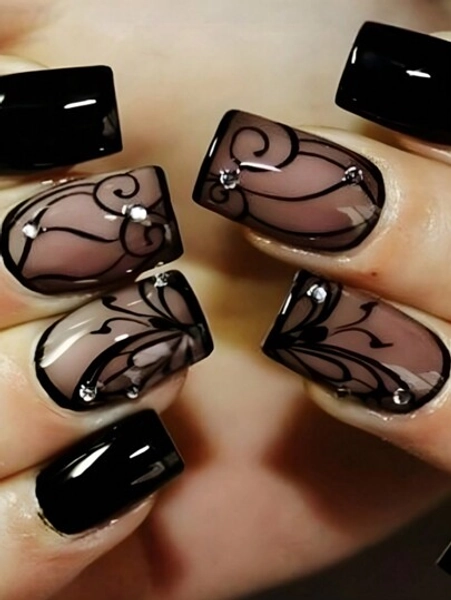 24pcs Short Black Square Shaped Nail Wraps Adorned With Mysterious Vines & Rhinestones, Press-On Fake Nails, Suitable For Women And Girls Nail Supplies