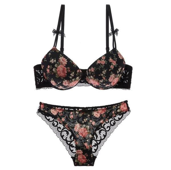 Floral Lace Lingerie Set - Black / 36A